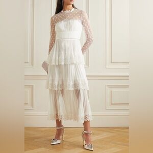 Self Portrait Tiered Lace-Trimmed Embroidered Tulle Pleated Chiffon Midi Dress